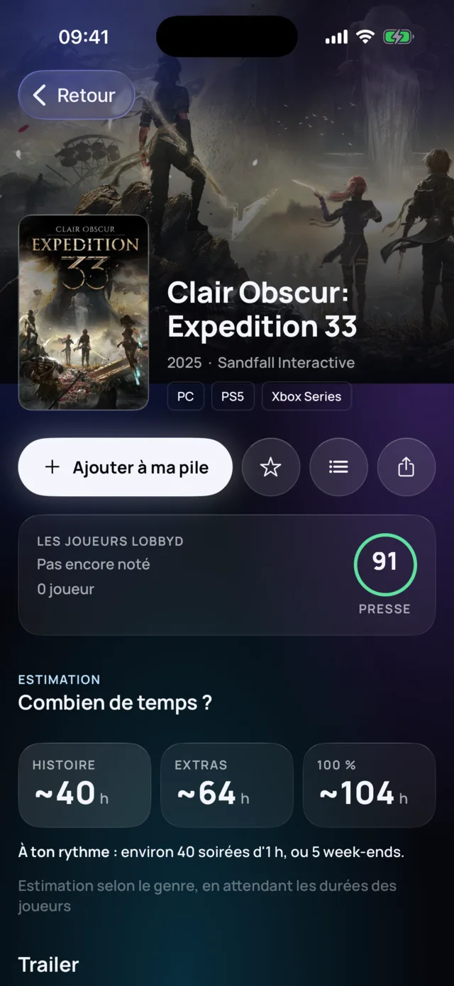 Une fiche de jeu : temps pour le finir, note de la presse et des joueurs