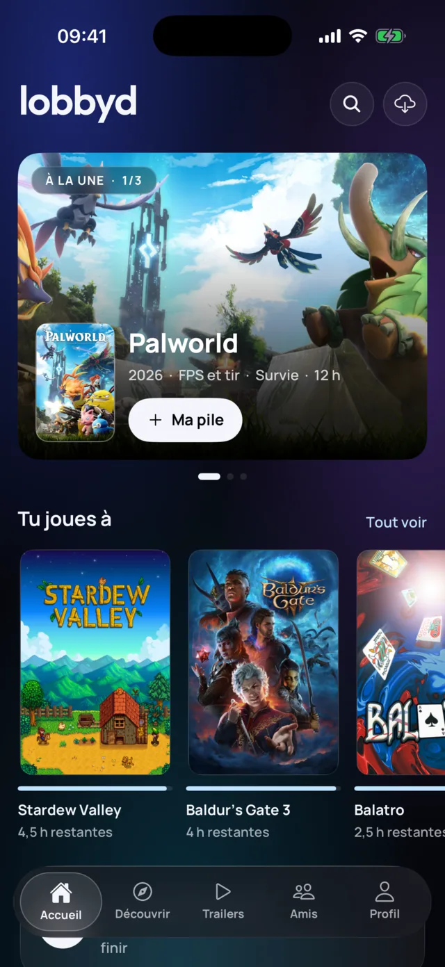 L’accueil de Lobbyd : la une, les jeux en cours et les recommandations